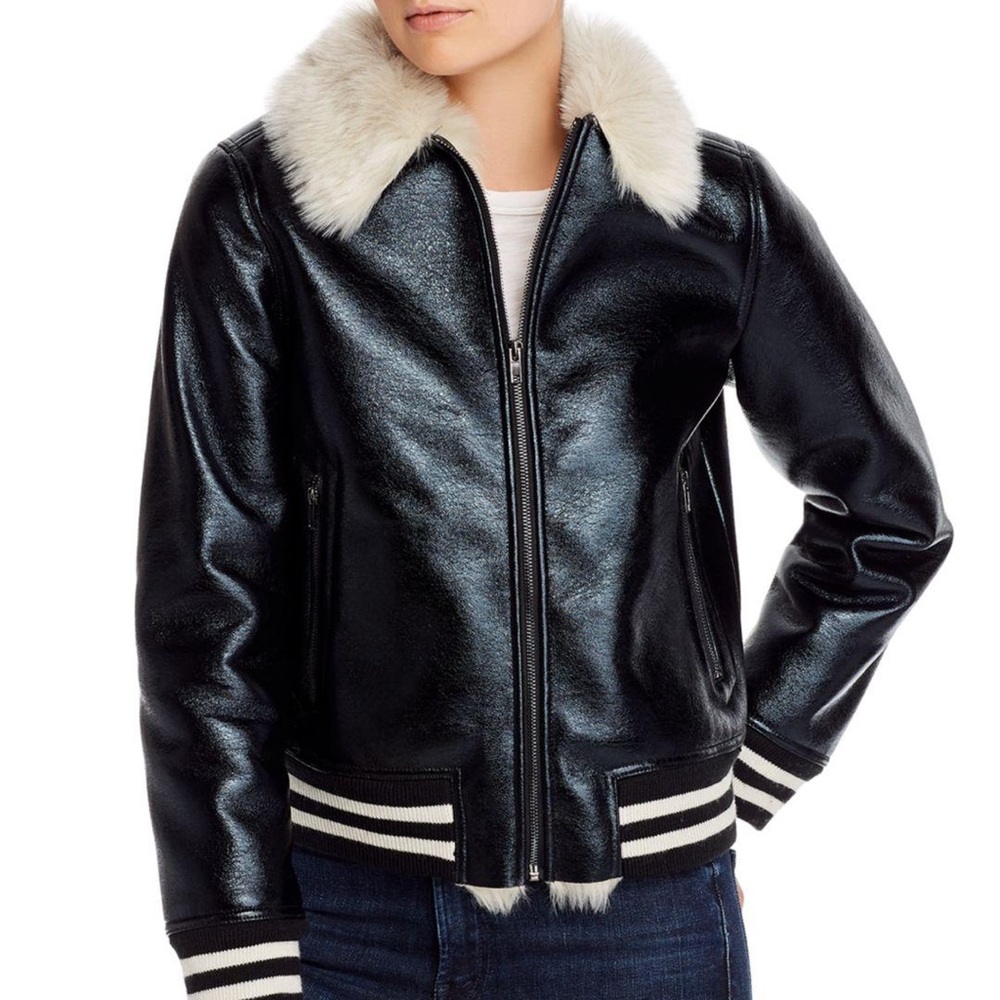 Mother faux fur and leather motto jacket - black, white, and fur - size L